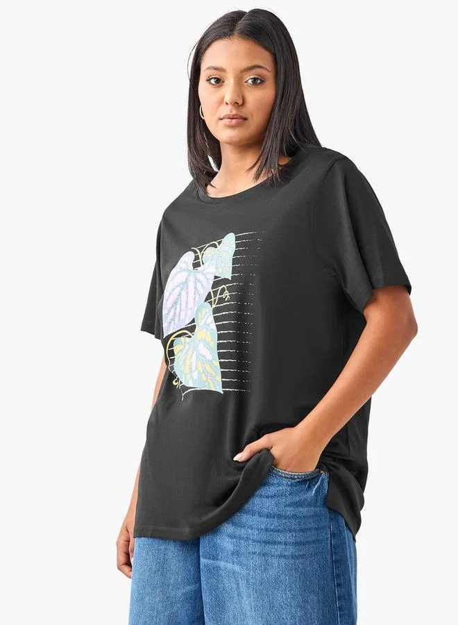 Ulla Popken Plus Size Ulla Popken Leaf Print T-Shirt
